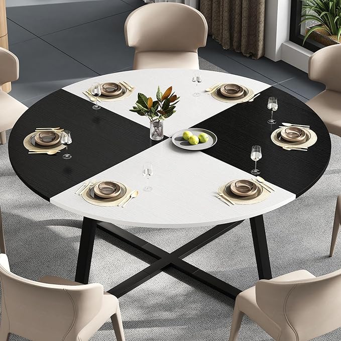 LVB Round Dining Table, Modern Wood Metal Kitchen Table, Industrial Small Dinner Room Table for 4 to 6 People, White and Black Oak, 42 Inch