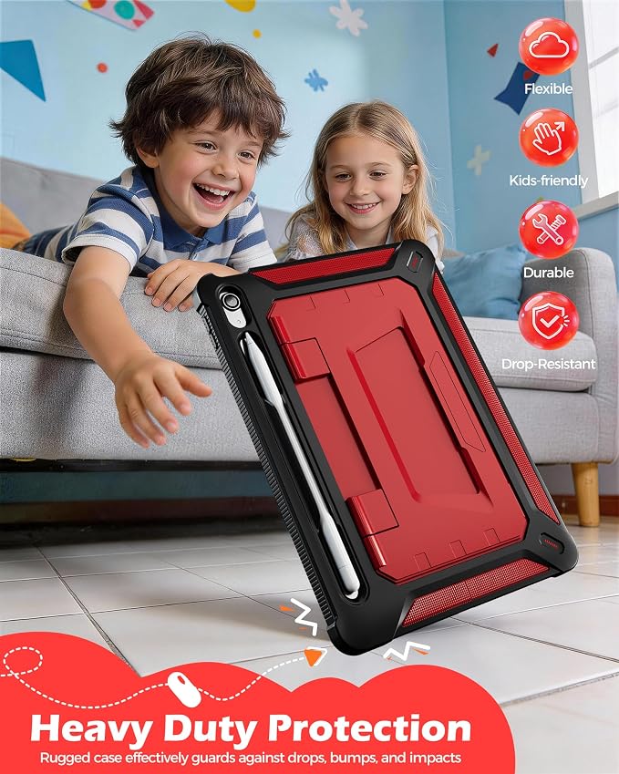 ProCase Kids Case for 11 iPad (A16) &amp 10.9 iPad 10th Gen Black | 180° Adjustable Kickstand with Pencil Holder 3-Layer Heavy Duty Rugged Shockproof Hard Shell Cover