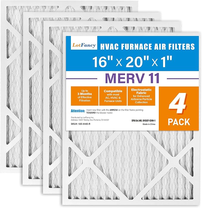LotFancy 16x20x1 Air Filter MERV 11 4-Pack, Electrostatic Pleated AC Furnace