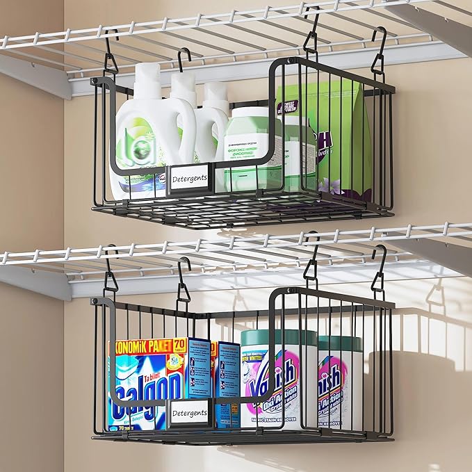 5-Tier Hanging Laundry Room Organizer with Label Cards, Foldable Wire Shelf Basket with 4 Rotating Hooks, Stacked Storage Rack for Laundry Rooms, Closet and Pantry, Black Metal