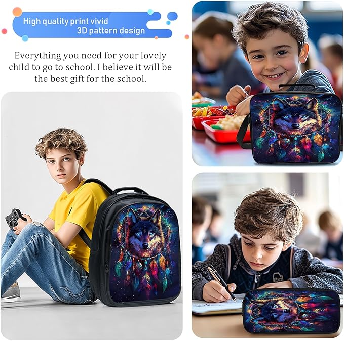 Wolf Backpack Set 3 Piece School Bags and Lunch Box with Pencil Case Blue Cool Wolf Dream Catcher Bookbag Set for Toddler Kids Girls Boys Teens Kindergarten Elementary Middle