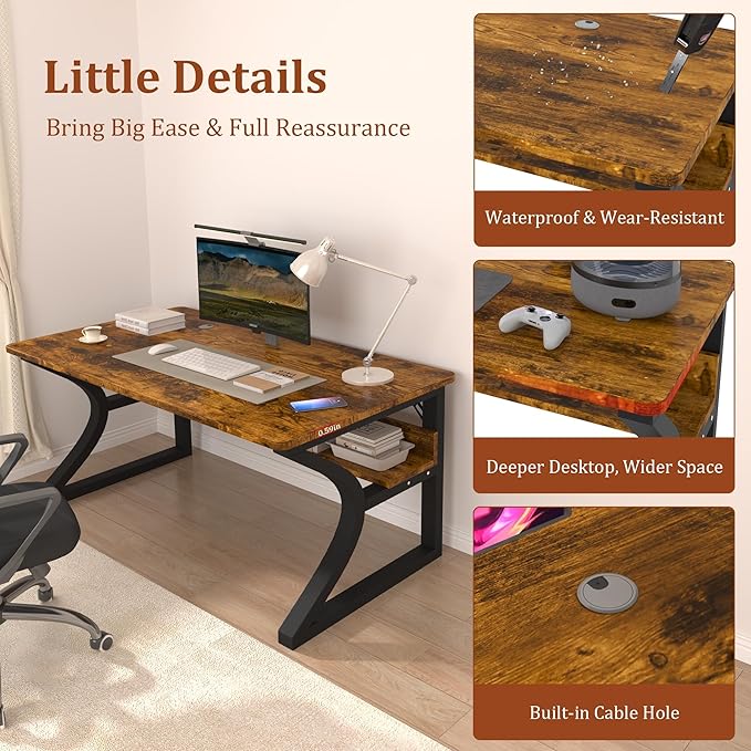 AZN Computer Desk, 47'' Computer Desk, Home Office Desks w/Storage, Home Office Desks w/U-Size Metal Frame for Home Office Bedroom, Study Writing Work Table w/Water-Resistant, Scratchproof Surface
