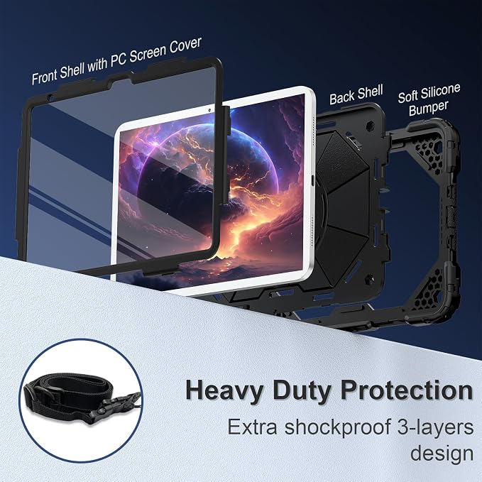 Scnioy Case for iPad (A16) 11th Generation 11 Inch (2025) / iPad 10th Generation Case 10.9 Inch (2022) with 360° Rotating Stand Screen Protector Pen Holder Shoulder Strap Black