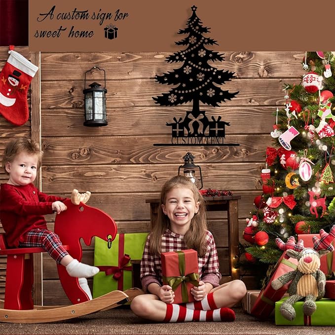 Personalized Christmas Tree Metal Sign, Custom Signs Outdoor Metal Wall Decor, Merry Christmas Tree Signs Wall Decoration for Home Living Room, Bedroom, Office, Garden, Porch