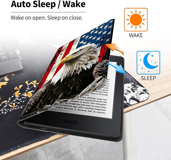 Case for All-New 7 Kindle Paperwhite 12th Gen 2024 &amp Kindle Colorsoft Signature EditionPU Leather Cover with Auto Sleep Wake FeatureAmerican Flag Eagle