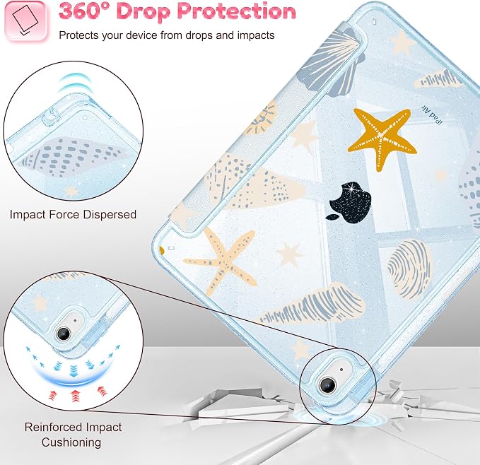 for iPad Air 11 inch M4/M3/M2 (2026/2025/2024) iPad Air 5th/4th Gen (2022/2020) 10.9 inch with Pencil Holder Glitter Clear Pretevtive Cover Auto Wake/Sleep Black Cartoon Stickers