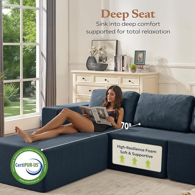 136" Modular Sectional Couch Left/Right Facing Convertible, L-Shape Modern Teddy Sofa, Deep Seat Upholstered Foam Couch for Living Room Bedroom, No Assembly Required (Blue, Teddy Boucle)