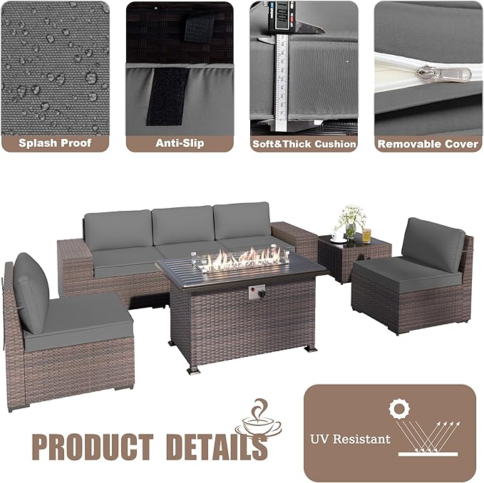 Kurapika 7 Pieces Patio Furniture Set, Rattan Outdoor Conversation Sets w/43in Propane Fire Pit Table and 4 Inch Cushion(Grey)