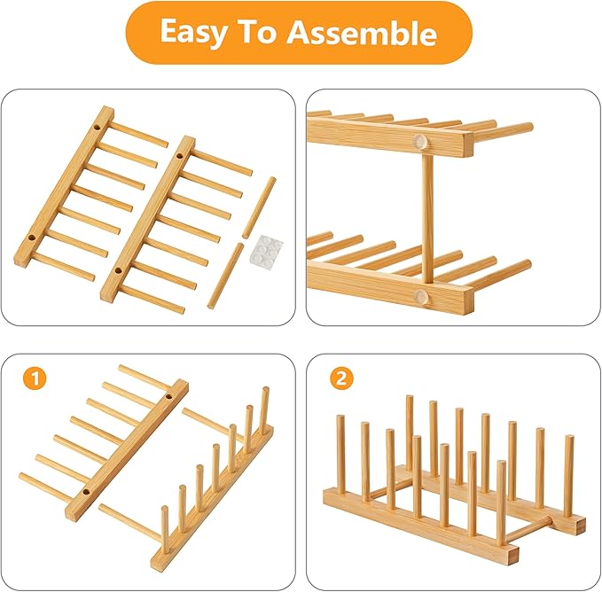 HBlife 4pcs Bamboo Dish Plate Bowl Cup Book Pot Lid Cutting Board Drying Rack Stand Drainer Storage Holder Organizer Kitchen Cabinet（Keep Dry）