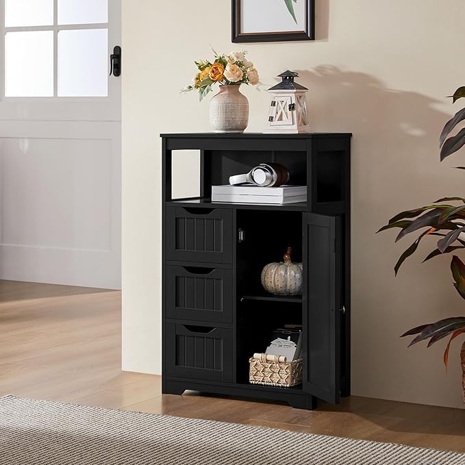 Yaheetech Bathroom Floor Cabinet, Free Standing Wooden Storage Cabinet Multiple Tiers Storage Organizer for Bathroom/Living Room/Entryway, Black