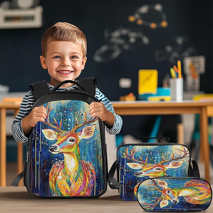 Deer Backpack Set 3 Piece School Bags and Lunch Box with Pencil Case Colorful Elk Bookbag Set for Toddler Kids Girls Boys Teens Kindergarten Elementary Middle