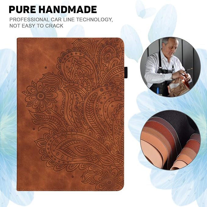for Kindle Fire HD 8 Tablet (only Fits 10th Generation) &amp Fire HD 8 Plus 8 Case 2020 with Stand/Pencil Holder/Card Pocket/Elastic Band Embossed PU Leather Floral Cover Brown Peacock Flower