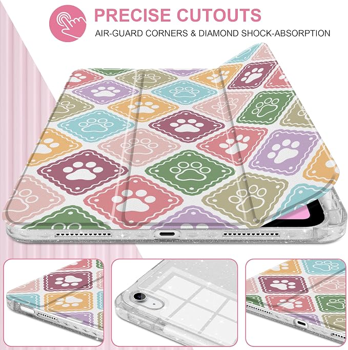 MEEgoodo Case for iPad A16 11th Generation 2025/10th Generation 2022 Glitter Tablet Cases with Transparent Acrylic Back+Trifold Stand +Pencil Holder+Auto Wake/SleepAbstract Sun &amp Palm Tree