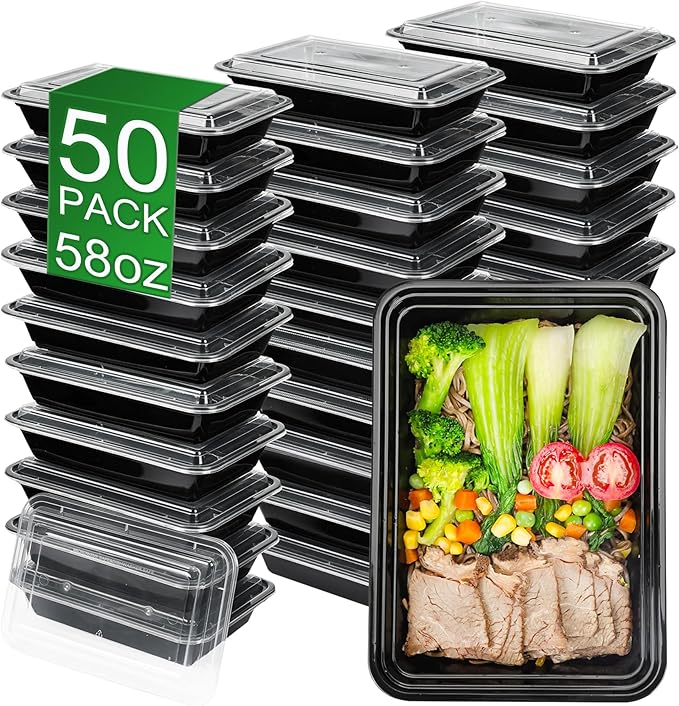 Meal Prep Containers, 50 Pack 58oz (100-Piece) Disposable Take Out Food Storage Containers with Leakproof Lids, Large Plastic To Go Lunch Boxes, BPA Free, Microwave/Dishwasher/Freezer Safe