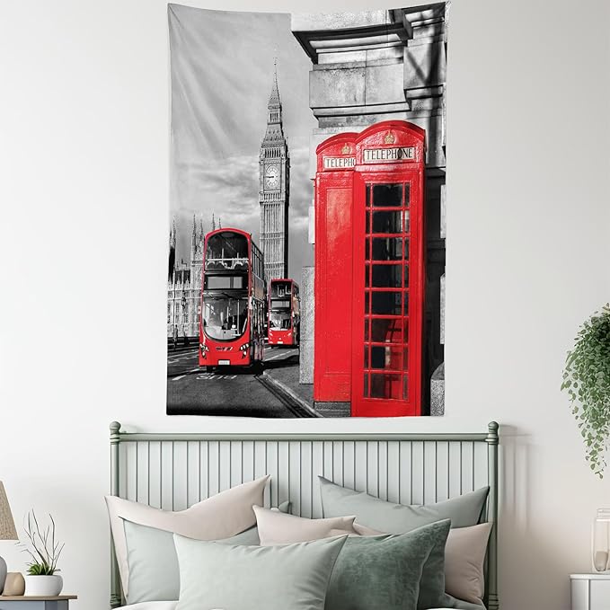Ambesonne London Tapestry, London Telephone Booth in the Street Traditional Local Cultural England UK Retro, Wall Hanging for Bedroom Living Room Dorm Decor, 60" X 80", Red Grey
