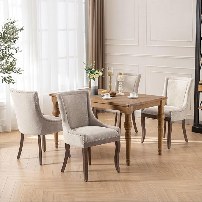 Farmhouse Dining Chairs Set of 2, Upholstered Fabric Dining Room Accent Chairs with Wood Legs & Bronze Nailhead, High Wingback Kitchen Chairs for Living Room Hotel Apartment, Beige
