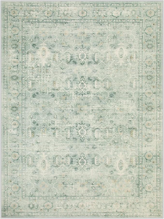 Lahome Vintage 9x12 Washable Green Rugs for Living Room Bedroom, Boho Dining Room Rugs for Under Table, Soft Non Slip Indoor Throw Carpet for Home Office Playroom (9x12ft,Light Green)
