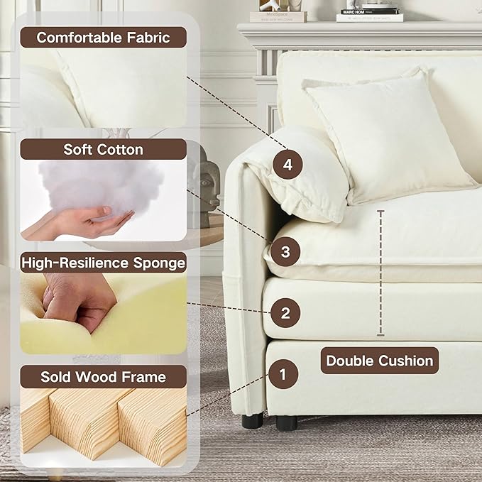 109.45" Oversized Extra Deep Seat Modern Chenille Cloud Couch, Large 3 Seater Modular Sofa for Living Room,Convertible Sofa Bed,Bedroom Apartment Office (White, 109.45 Inch+3Ottoman)