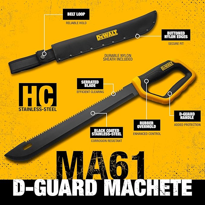 DEWALT 21 Inch MA61 D-Guard Machete - Full Tang Stainless Steel Blade with Saw Back & Protective D-Guard Non-Slip TPR Handle with Nylon Sheath for Brush Clearing, Yard Work, Camping and Outdoor Use