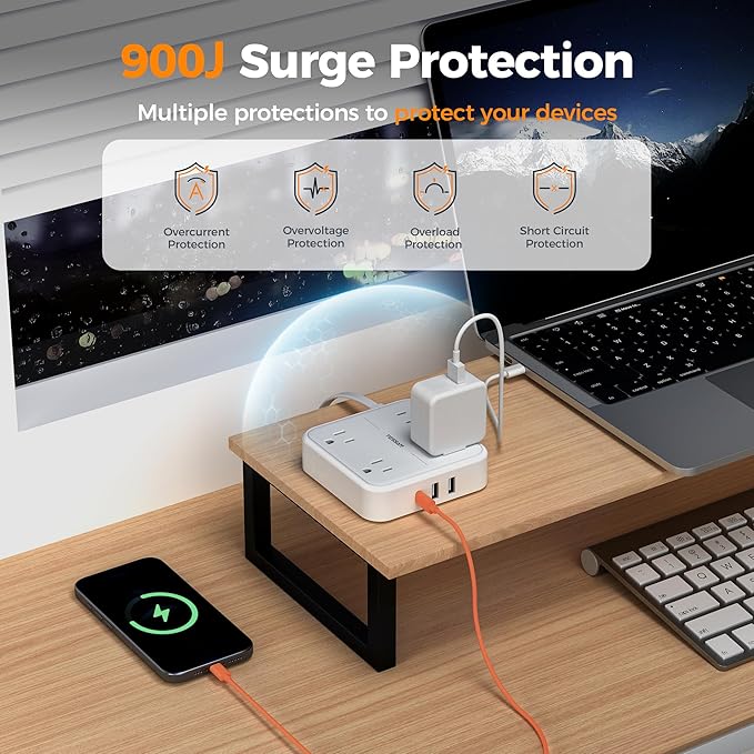 TESSAN Surge Protector Power Strip, 5 Ft Flat Plug Extension Cord with 4 Outlets 3 USB C Ports (1 USB C),900 Joules, 1875W 15A, Multiple Wall Outlet Extender Suitable for Office, Dorm Room Essentials