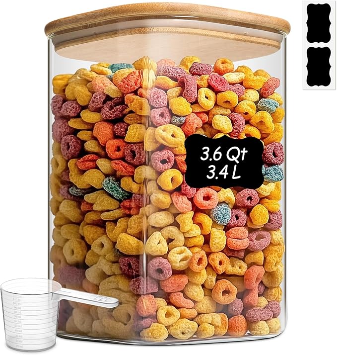 ComSaf 3.6Qt Glass Food Storage Containers, Cereal Storage Containers with Airtight Lids, Large Square Glass Jars with Bamboo Lids, for Rice, Pasta, Oats, Grains, Coffee Beans