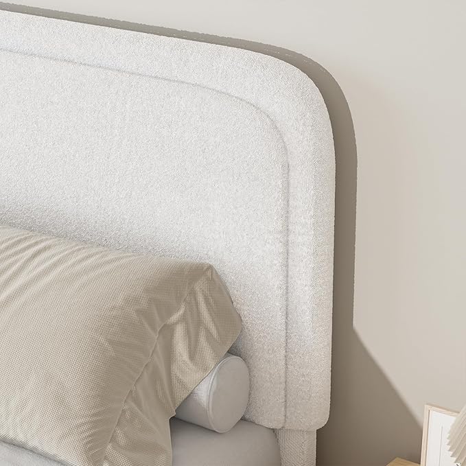 BarnFurin Queen Bed Frame with Headboard, Boucle Upholstered Platform Bed Frame, Luxurious Soft Rounded Corners, No Box Spring Required, Easy Assembly, White