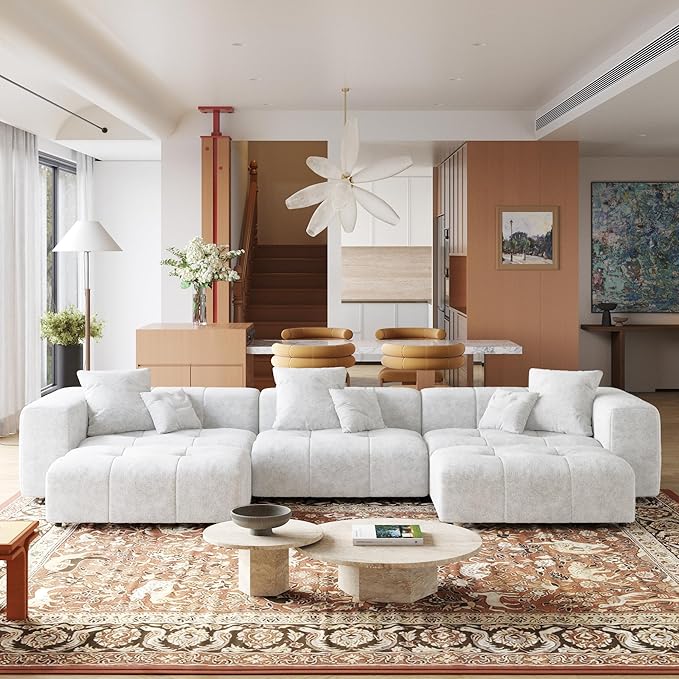 JACH 144.1 Inch U-Shaped Modular Sofa, Mid Century Modern Deep Seat Sectional Couch, 3-Seater Sofas with Chaise Ottomans for Living Room, Cozy Sofas for Apartment, Living Room (Linen Fabric, White)