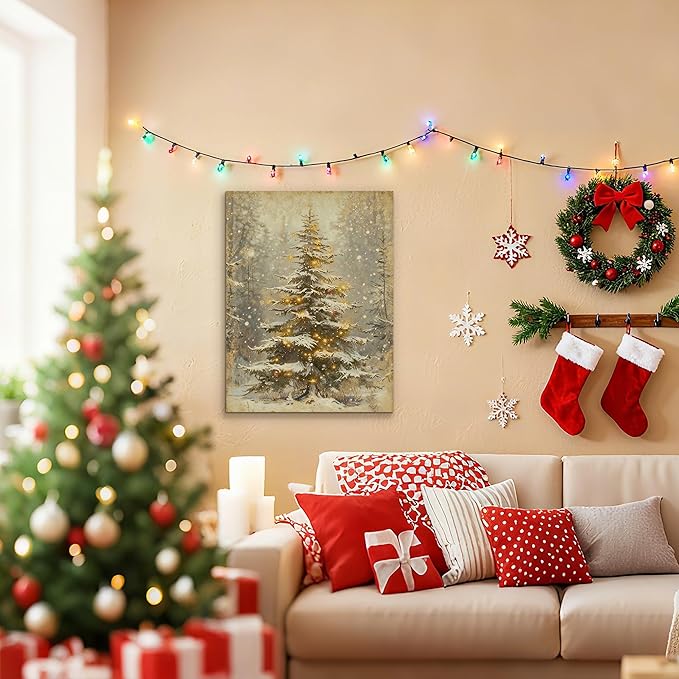 Framed Christmas Pictures Wall Decor,Vintage Pine Tree Prints,Winter Christmas Canvas Wall Art Decoration for Bedroom Bathroom Living Room Rustic Xmas Holiday Gifts (Christmas Tree 2, 16'' X 20'')