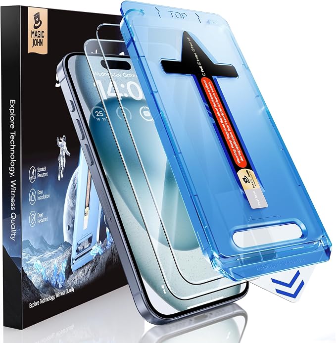 MAGIC JOHN Easy Installation for iPhone 15 Screen Protector Tempered Glass | 2 Pack 6.1 inch 9H Tempered Glass Auto Dust-Elimination Bubble Free HD Clear
