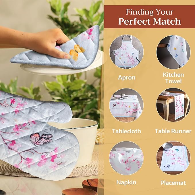Maison d' Hermine Pot Holders Set 100% Cotton Heat Resistant Potholders 8" x 8" Hot Pads with Loop BBQ, Cooking, Grilling, Kitchen, Handling Hot Pans Spring/Summer (Pack of 2, Blossoms in Spring)
