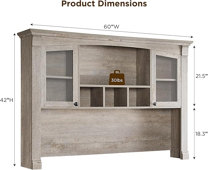 OKD Farmhouse Hutch for 60" Executive Desk, Office Desk Storage Cabinet with Glass Doors and Shelves, Top Hutch Organizer for Home Office - Light Rustic Oak