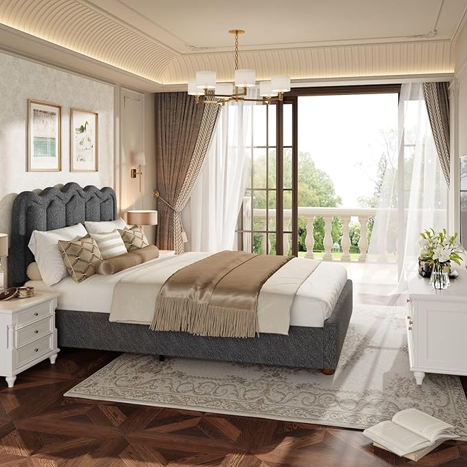 Queen Size Bed Frame with Headboard, Boucle Bed Frame, Soft Upholstered Platform Cloud Bedframe with Footboard, Solid Wood Legs, Solid Wooden Slats Support, No Box Spring Required, Easy Assembly