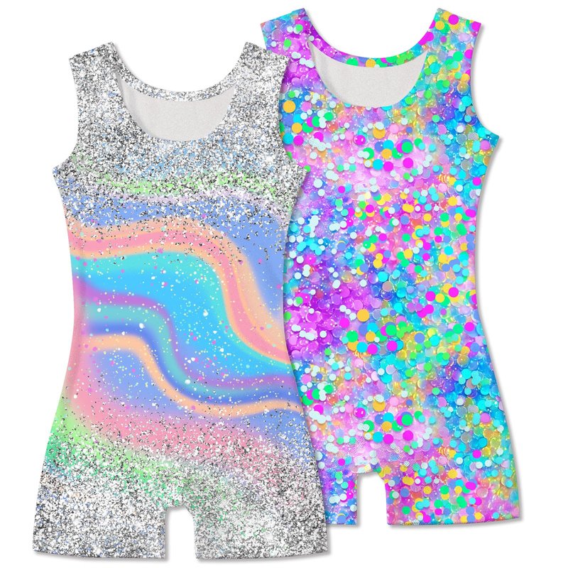 Taubow 2 Packs Gymnastics Leotards for Girls Size 7-8 Kids Biketard with Shorts Gradient Tie Dye Diamond Dance Leotard Size 8