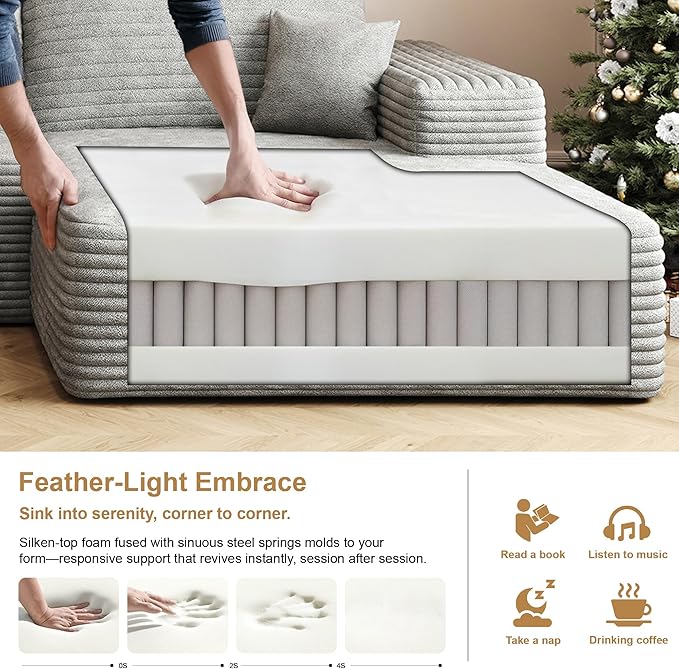 136" Sectional Couches for Living Room Modern Modular Sofa with L-Shape Couchs Upholstered Boneless Couch Deep Seat Sectional Couch with Chaise (Grey, Right Facing Chaise+3Seaters+Ottoman)