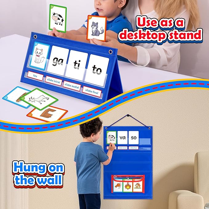 Torlam Spanish Learning Word Building Pocket Chart for Kids, Spanish Vocabulary Games Toddler Flash Cards Sight Words Flashcards Languages Spelling Reading Phonics Games for Kindergarten Preschool