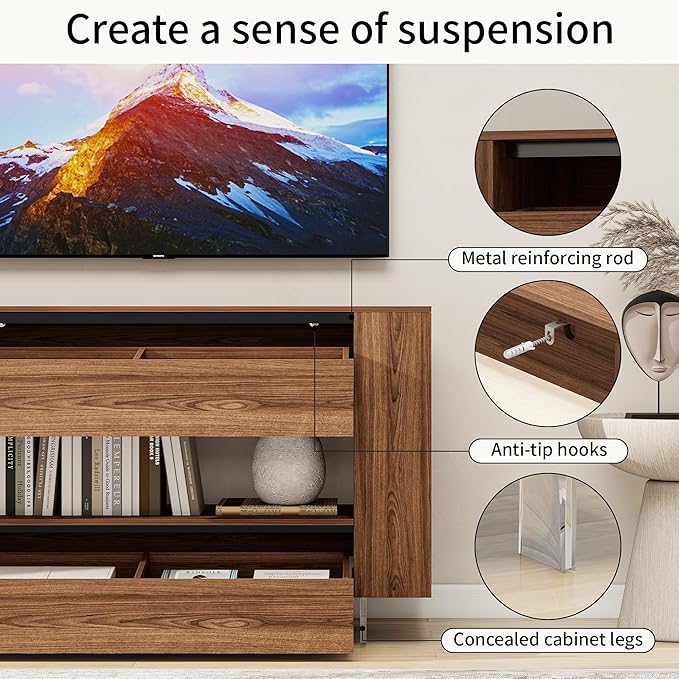 Vavkorkula TV Stand for 55 Inch with 2 Large Drawers & Hidden Storage Cabinets, Modern Farmhouse Entertainment Center Television Stands for Living Room Bedroom, Walnut