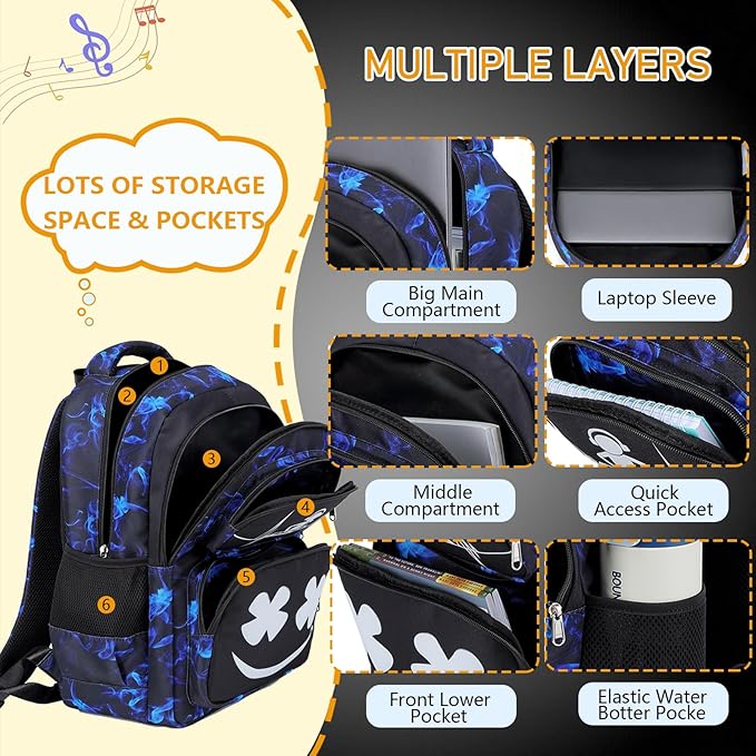 Boys Backpack with Lunch Box Glow in Dark Bookbag Kids Ages 4-12 Kindergarten Elementary School Spider Backpack, Luminous Face Blue