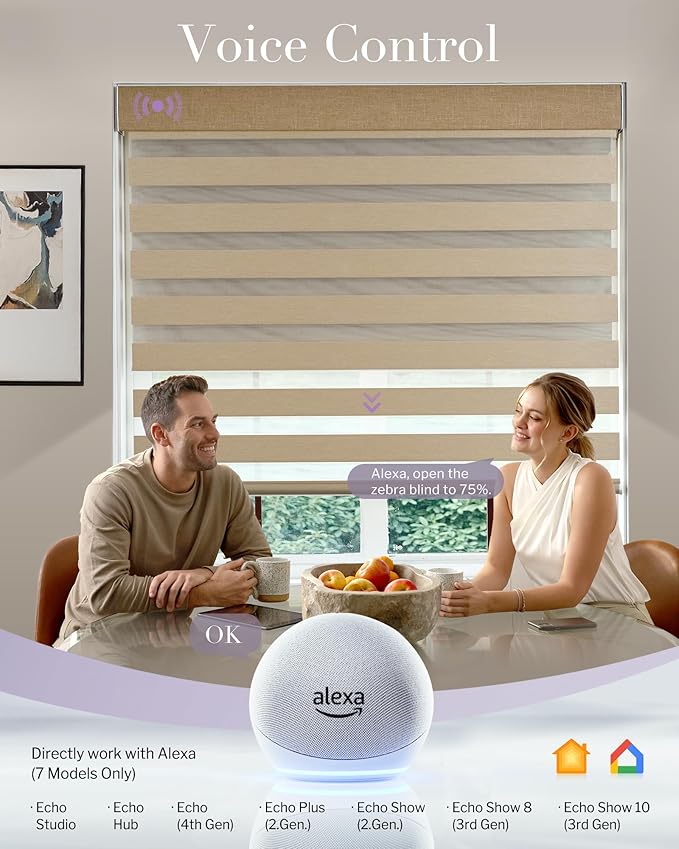 Graywind Smart Dual Shades Compatible with Alexa Google Homepod Motorized Double Zebra Blinds Matter Solar Powered, Custom Size (Coffee)