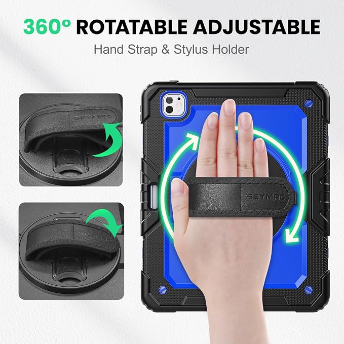 SEYMAC for iPad 9th/8th/7th Generation Case 10.2 2021-2019 Full-Body Shockproof Protective Case with Screen Protector Rotating Stand/Handle/Shoulder Strap for iPad 10.2 Blue/Black