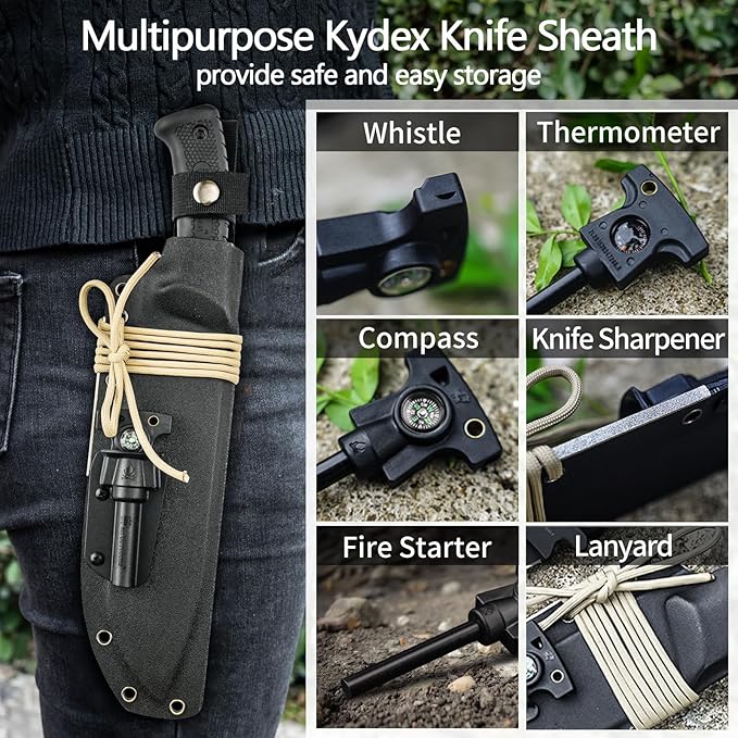 HX Outdoors 14 Inch Bush Machete Kukri Knife, Premium D2 Steel Full Tang Gardening Machete Knife with Kydex Sheath for Outdoor, Camping, Clearing Brush (Black)