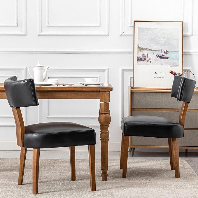 Mid Century Modern Dining Chairs Set of 2 PU Leather Upholstered Side Chairs, Modern Kitchen Armless Parson Chairs Solid Wood Dining Chairs, Black
