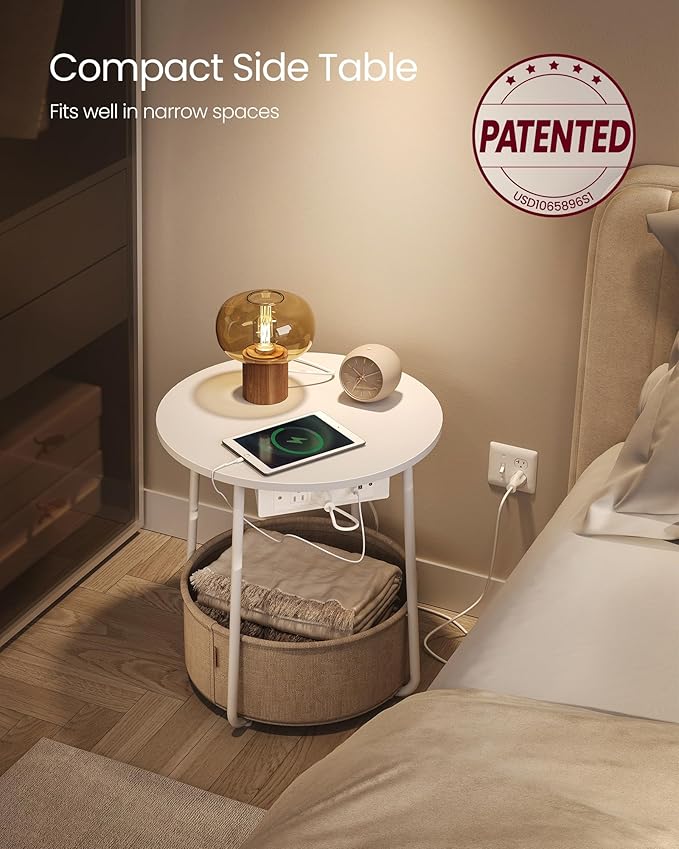VASAGLE LILEA Collection - Side Table with Charging Station, Round End Table with Fabric Basket, Nightstand with USB Ports, for Living Room, Bedroom, Modern, Matte White and Camel Brown ULET228W01