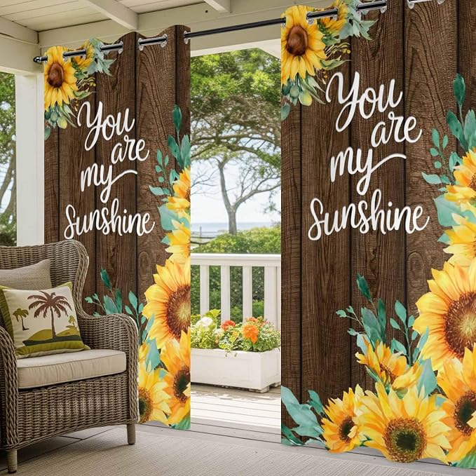 Summer Outdoor Curtains for Patio Sunflowers Eucalyptus Leaves Wood Waterproof