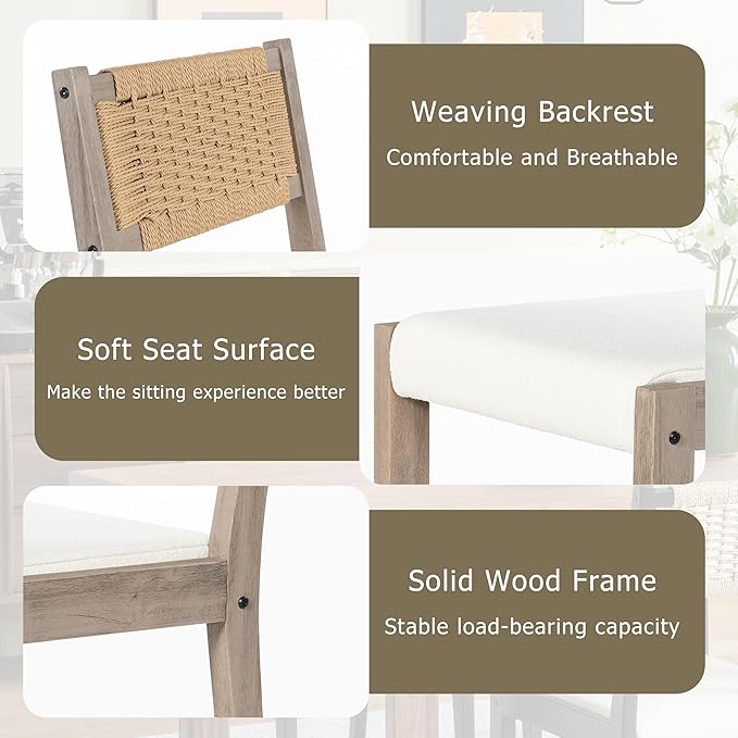 Chogori Wooden Dining Chairs, Modern Farmhouse Kitchen & Dining Room Accent Side Chairs with Woven Rope Back and Fabric Upholstered for Home, Living Room (Gray, Set of 6)