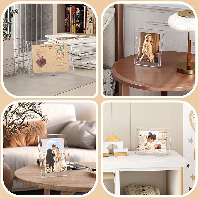 Egofine 4x6 Acrylic Picture Frames Set of 2, Clear Picture Frames with Stand, Magnetic Acrylic Photo Frames for Tabletop Display Horizontally or Vertically