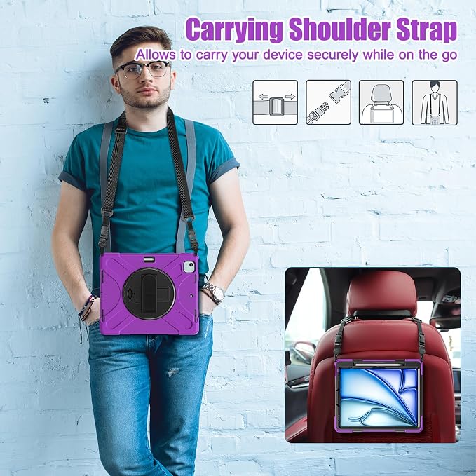 Batianda VortiGrip Case for iPad Air 11 M2/M3/M4 2024-2026 Colorful Blue | Heavy Duty Triple-Layer Rugged Case with 360° Rotating Hand Strap Foldable Hidden Stand Shoulder Strap and Pencil Holder