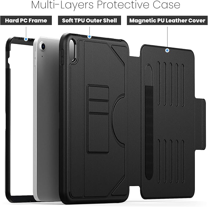 Case for iPad (A16) 11th/10th Generation 11''/10.9'' 2025/2022: Shockproof Protective Case with Hand/Shoulder Strap Pencil Holder Rotate Stand Screen Protector Black