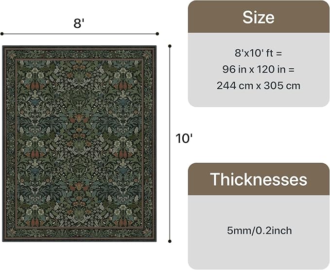 GENIMO 8x10 Washable Area Rug, Non-Slip Vintage Boho Floral Carpet, Soft Low-Pile Thin Living Room Rug for Bedroom, Dining Room, Nursery, Dark Green
