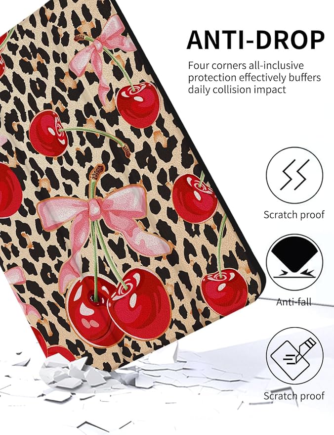 Case for iPad 9th/ 8th/ 7th Generation Case 10.2&amp10.5 Inch (2021/2020/2019 Release) Slim Lightweight Soft Trifold Back Cover with Pencil Holder &amp Auto Sleep/Wake Cover Cherries Cheetah Bows