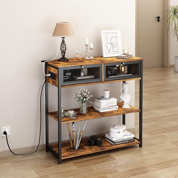 SOOWERY Console Table with Charging Station, 32'' Entryway Table with Doors, Sofa Table Narrow Long with 3 Tiers Open Wood Storage Shelves, for Living Room, Entryway, Foyer, Rustic Brown